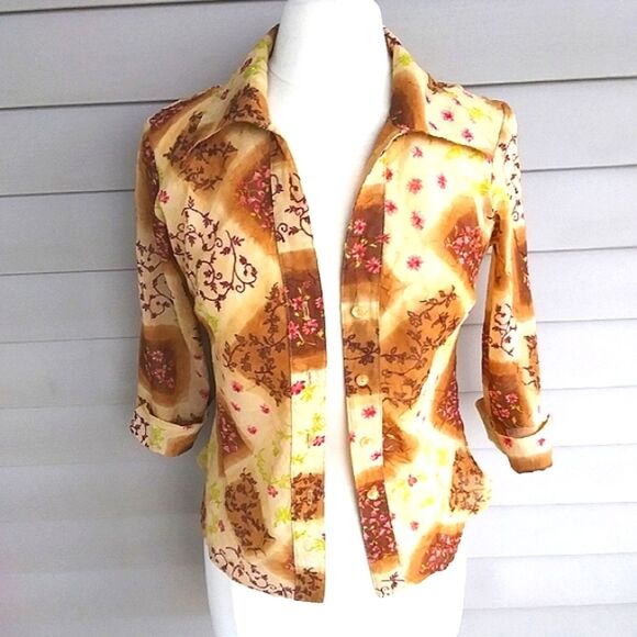 Blouse Chiffon Sheer Button Front 3/4 Length Sleeves Boho Patchwork Look… - Picture 13 of 16